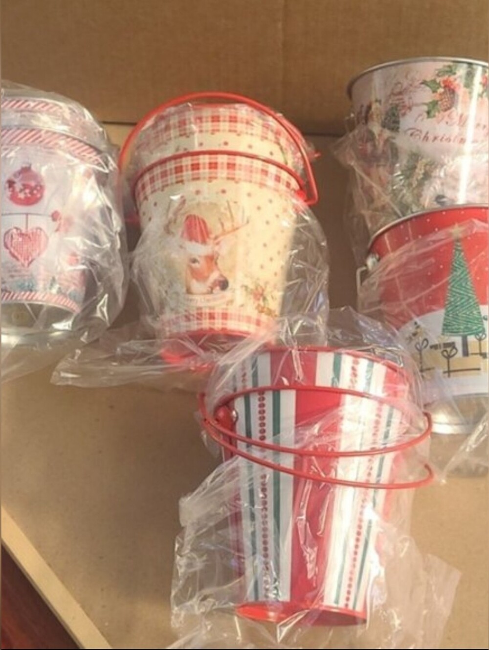 New in box! Set of 8 decorative Christmas metal tin buckets with handles